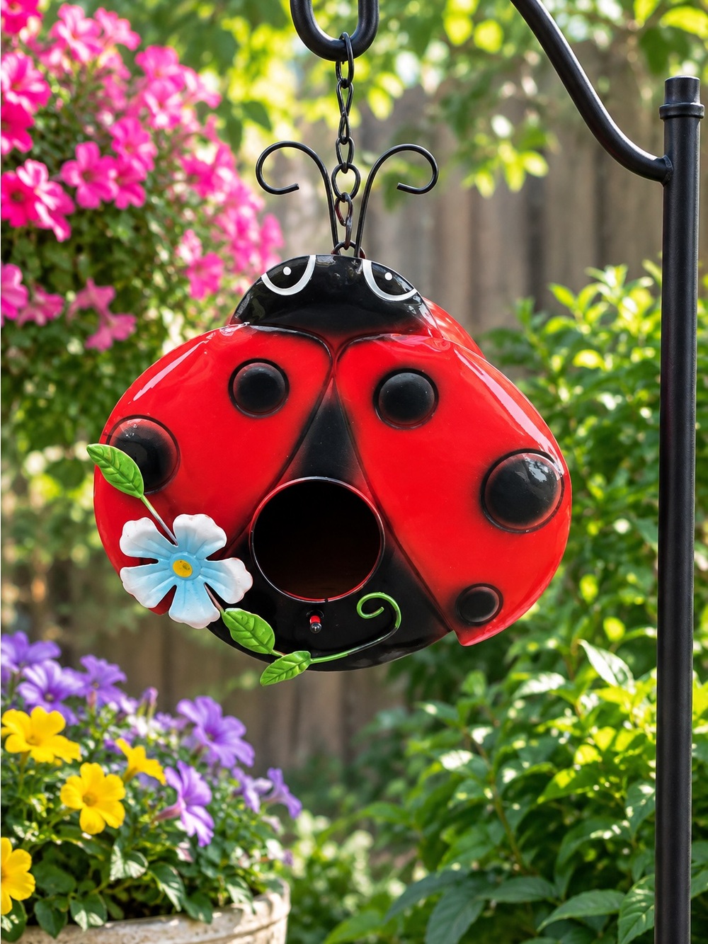 🩷. Decorative Red Ladybug Birdhouse with Floral Accent - Brand
